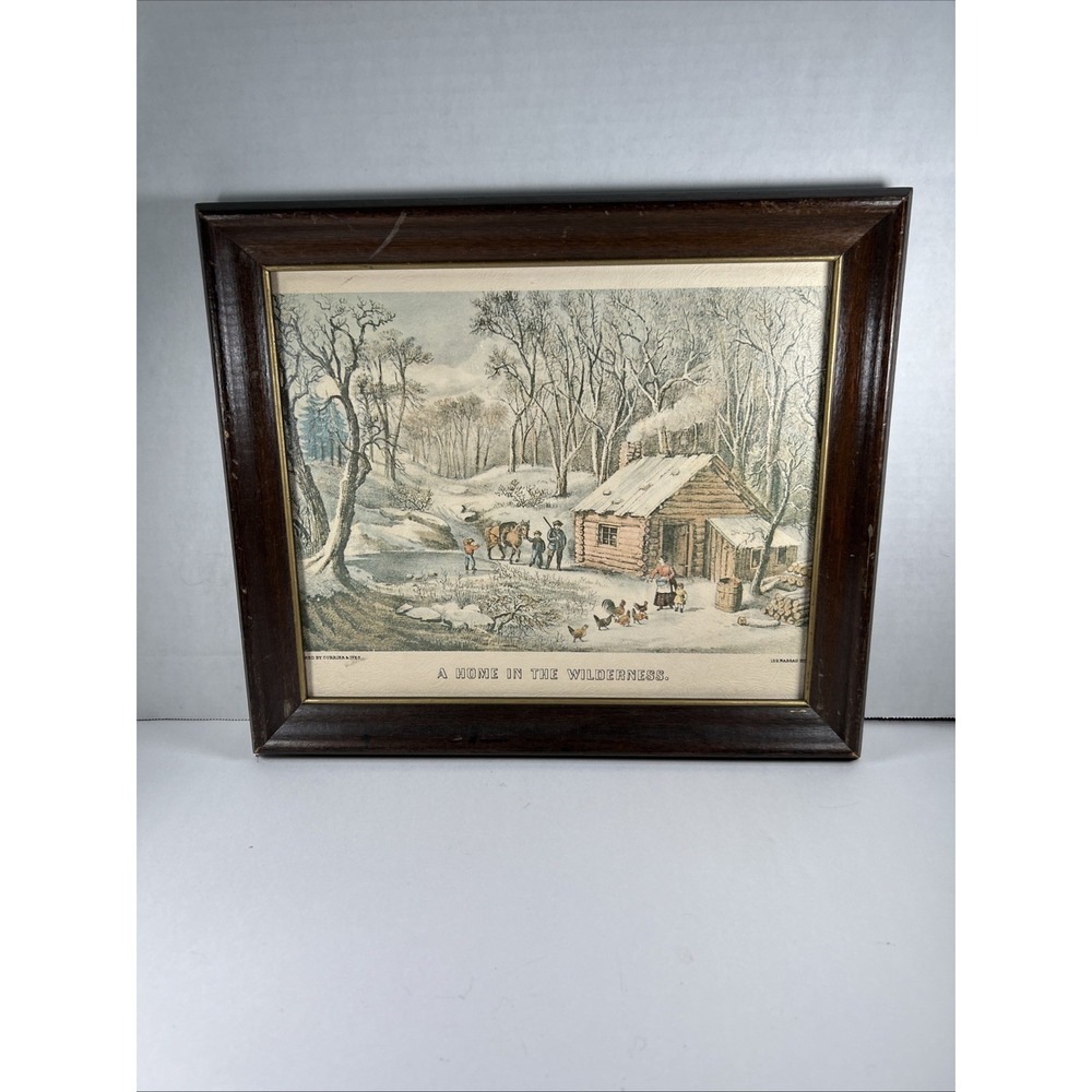 vintage currier‎ and ives Framed Picture Art Print Wooden Frame Winter